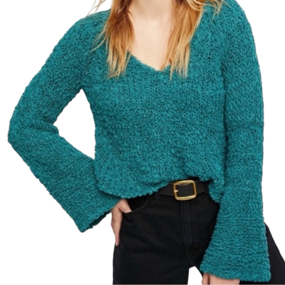 Free People Teal Blue V Neck Sand Dune Oversized Bell Sleeve Sweater size XS